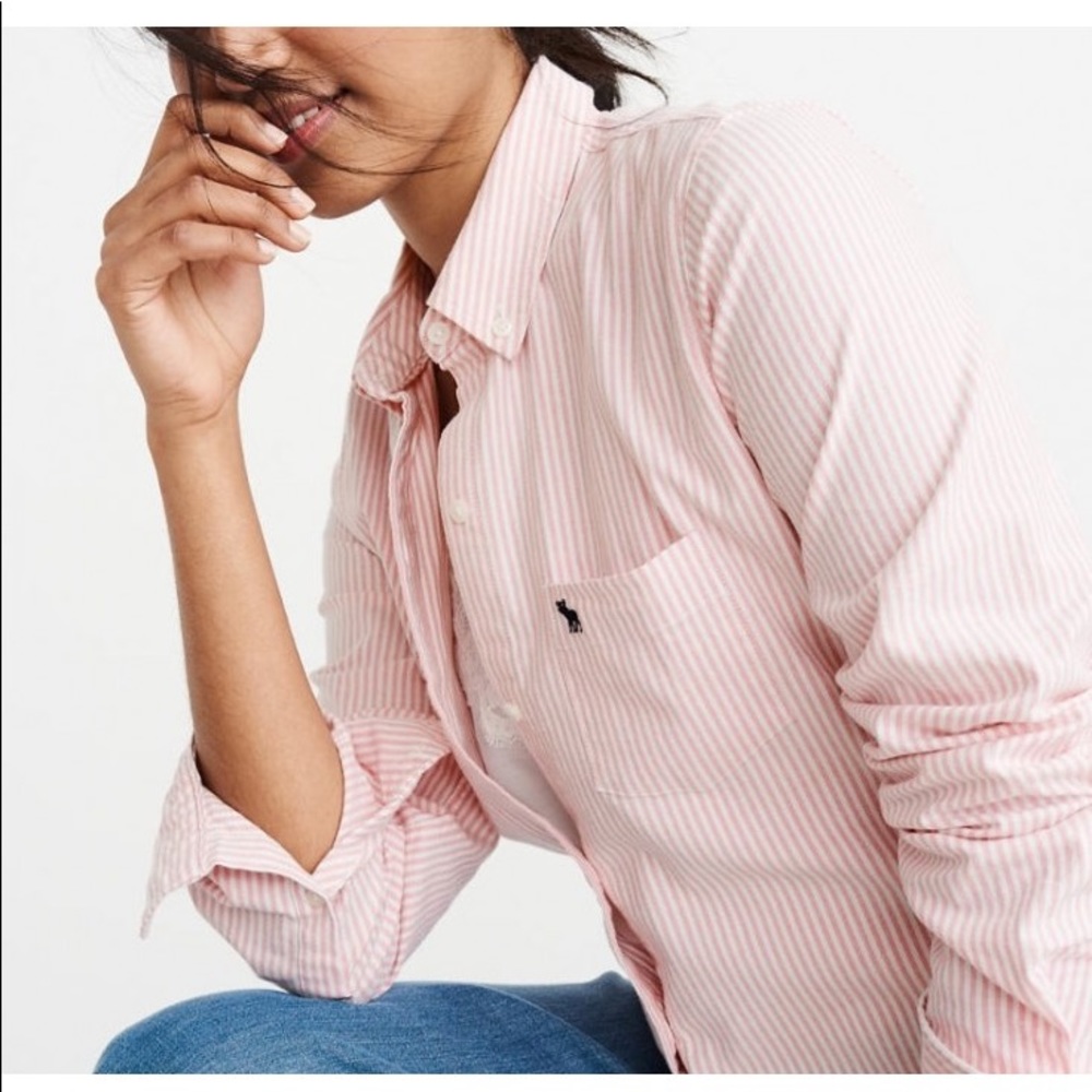 Abercrombie & Fitch Pink & White Stripe Oversized Poplin Button Down Shirt